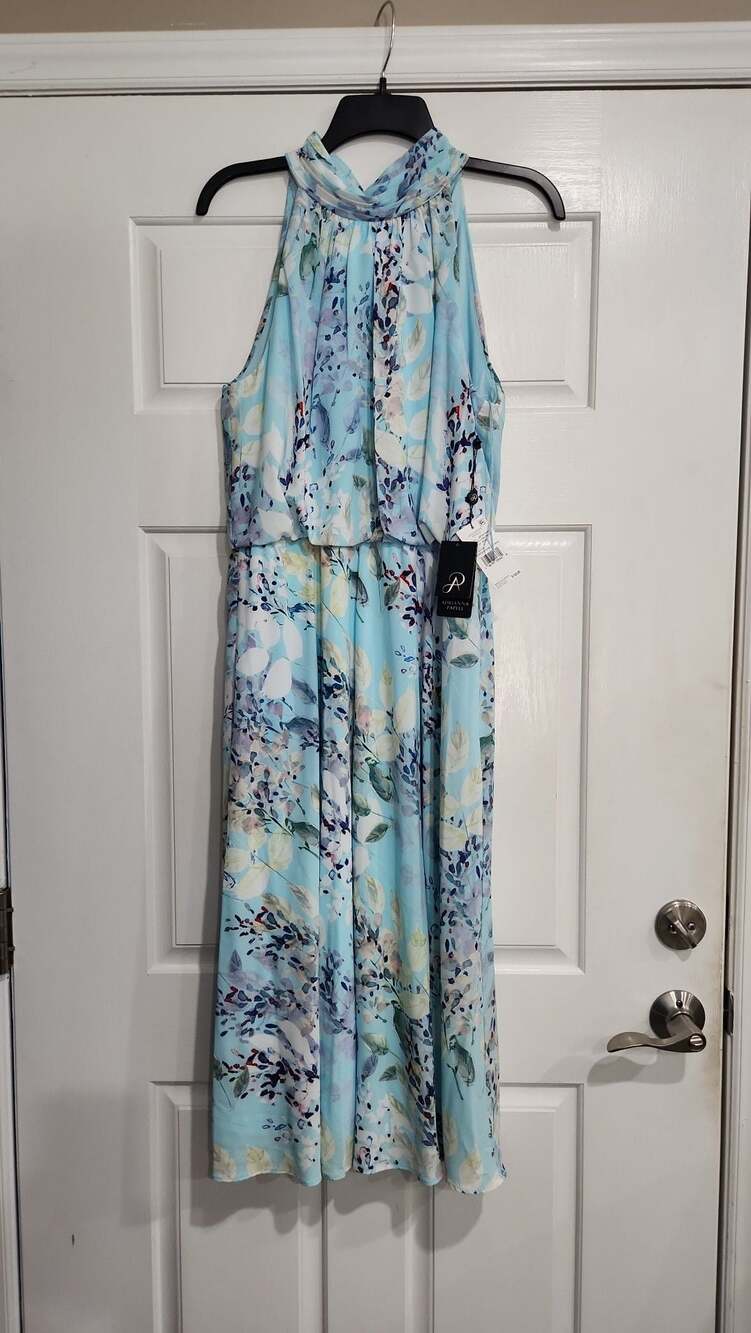 Adrianna Papell Watercolor Floral Halter Midi Dress Size 6